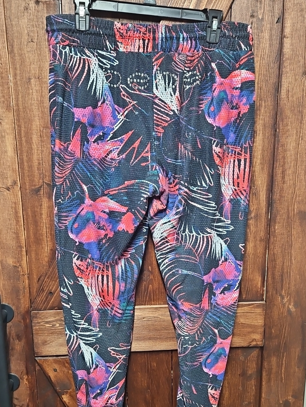 bebe Black Track Joggers with Pink & Blue Abstract Palm Print
